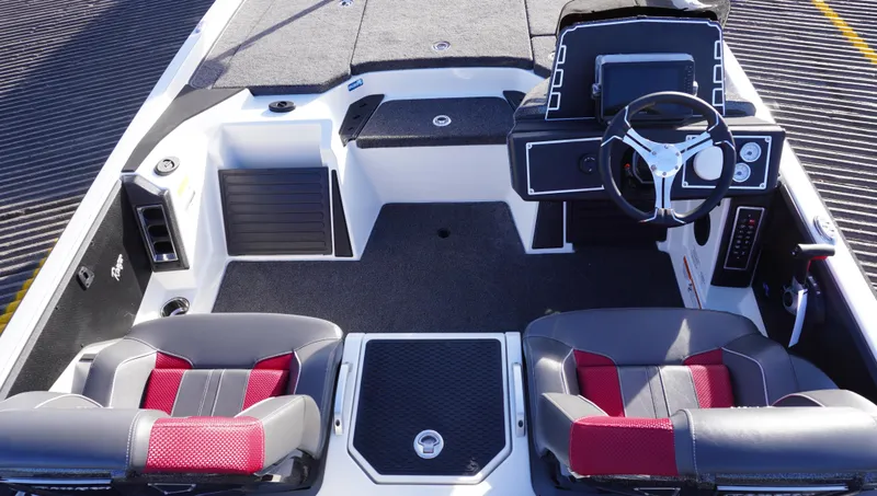 Slide: The Image of Interior of 2025 Ranger Z520 boat with dual seats and modern dashboard. - 11