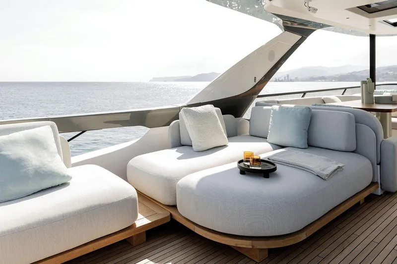 Slide: The Image of Luxurious Azimut Fly 72 yacht deck with plush seating, ocean view, and modern design, 2025 model. - 32