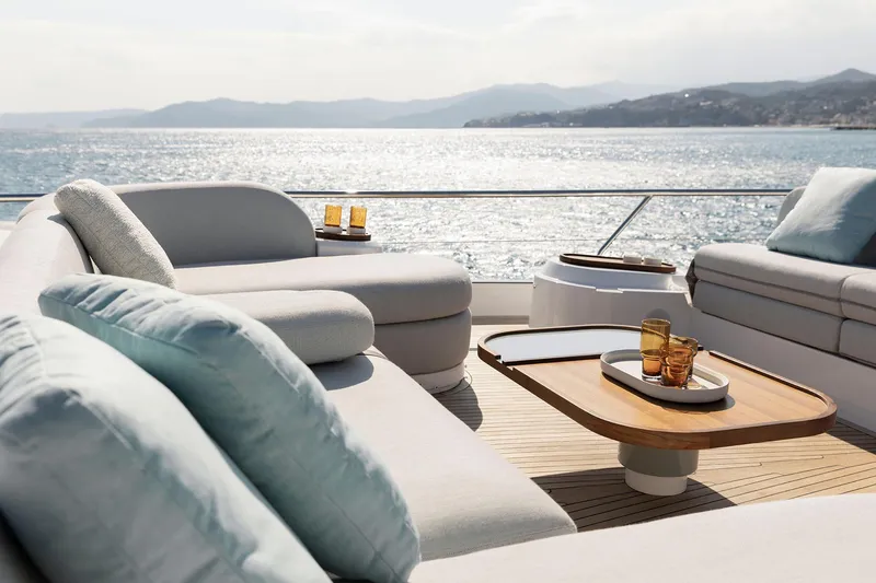 Slide: The Image of Luxurious Azimut Fly 72 yacht deck with elegant seating, ocean view, and stylish decor, 2025 model. - 45