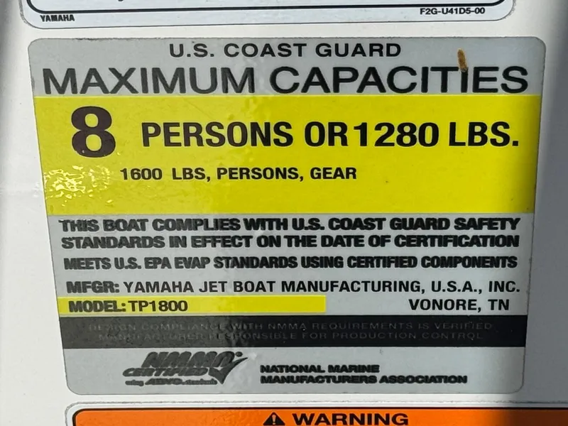 Slide: The Image of Yamaha AR195 2020 boat capacity label: 8 persons or 1280 lbs, U.S. Coast Guard compliant. - 28