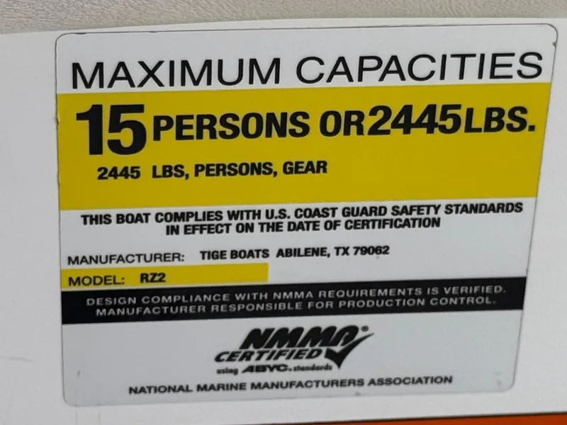 Slide: The Image of 2008 Tigé RZ2 capacity label: 15 persons or 2445 lbs, NMMA certified. - 34