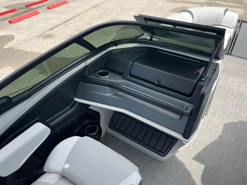 Slide: The Image of 2026 Avalon 2585 Catalina boat interior with windshield and seating, featuring modern design elements. - 11