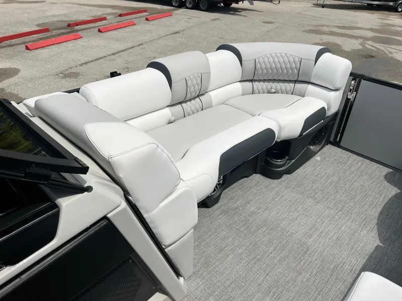 Slide: The Image of Luxurious seating on 2026 Avalon 2585 Catalina Windshield Quad Lounger with high-performance Mercury 400hp V-10. - 14