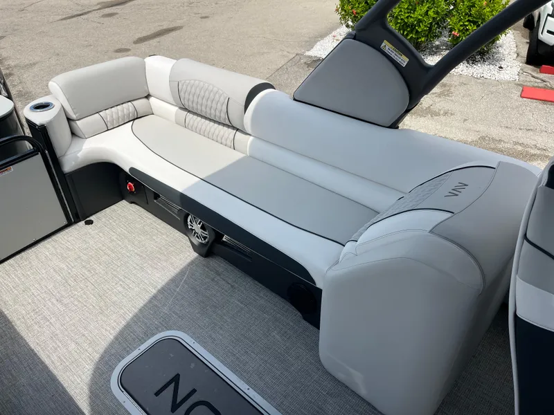 Slide: The Image of Luxurious seating on 2026 Avalon 2585 Catalina Windshield Quad Lounger with high-performance Mercury 400hp V-10. - 19