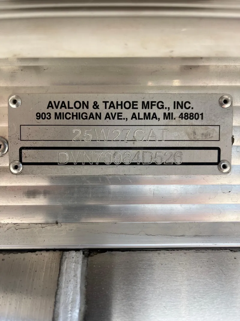 Slide: The Image of Metal identification plate for Avalon 2585 Catalina Windshield Quad Lounger, 2026 model, with Mercury 400hp V-10. - 21