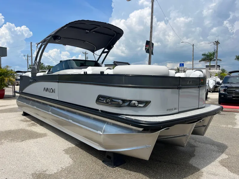 Slide: The Image of 2026 Avalon 2585 Catalina Windshield Quad Lounger, Tri Toon with Mercury 400hp V-10 motor. - 3