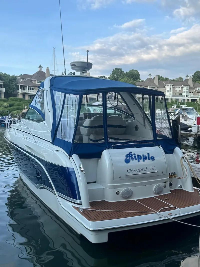 Slide: The Image of 2008 Formula 34 PC boat named "Ripple" docked in Cleveland, Ohio marina. - 2