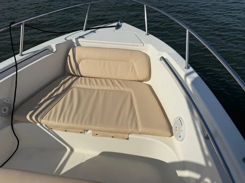 Slide: The Image of 2009 Scout 205 Sportfish boat with beige seating, stainless steel railings, and calm water backdrop. - 35