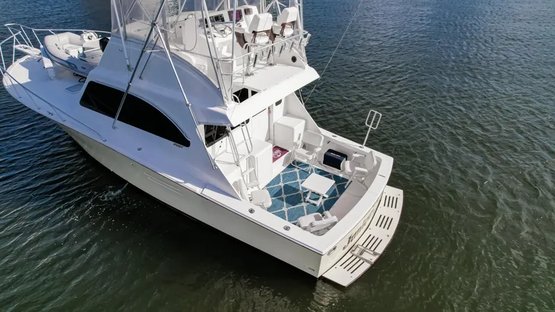 Slide: The Image of Aerial view of a 2008 Post 42 yacht on calm water. - 14
