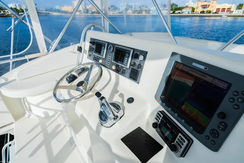 Slide: The Image of Helm of 2008 Post 42 yacht with navigation equipment and steering wheel, overlooking waterfront. - 24
