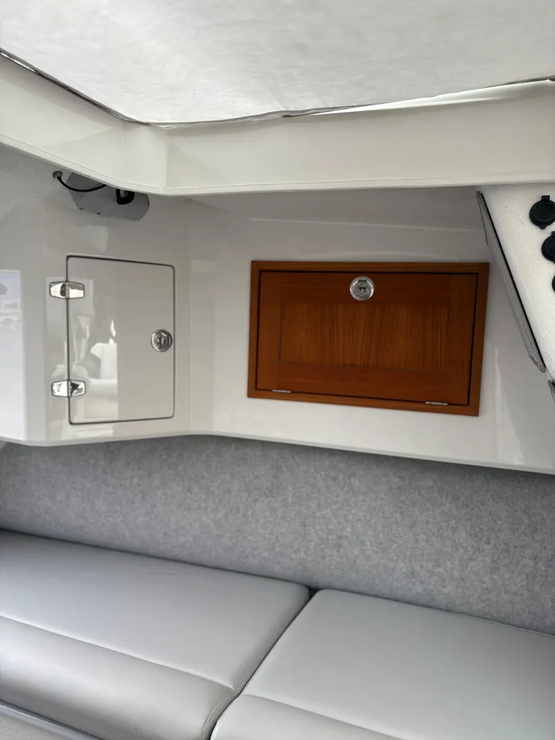 Slide: The Image of Interior of 2020 Protector 310 Targa boat with storage compartments and seating. - 17