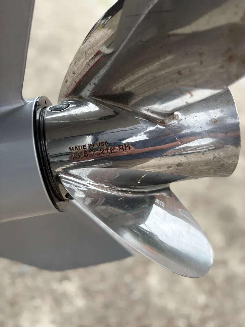 Slide: The Image of Close-up of a stainless steel boat propeller, Protector 310 Targa 2020 model. - 19