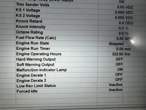 Slide: The Image of Engine diagnostics display for 2009 Chaparral 264 Sunesta, showing operating hours and status indicators. - 18