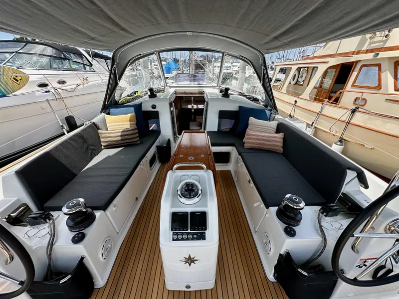 Slide: The Image of Jeanneau Sun Odyssey 440 cockpit, 2021 model, featuring comfortable seating and modern design. - 44
