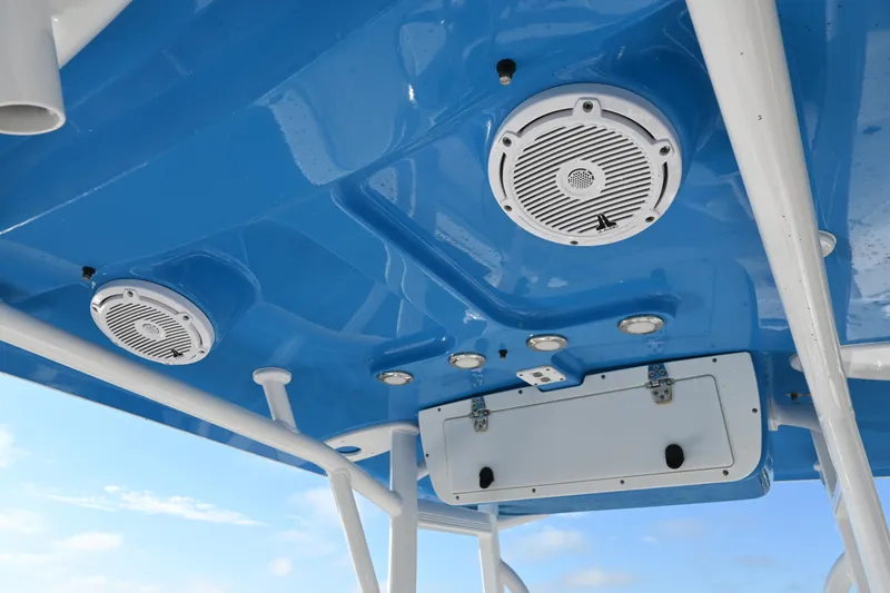 Slide: The Image of 2021 Sea Hunt Ultra 219 boat ceiling with speakers and storage compartment. - 19