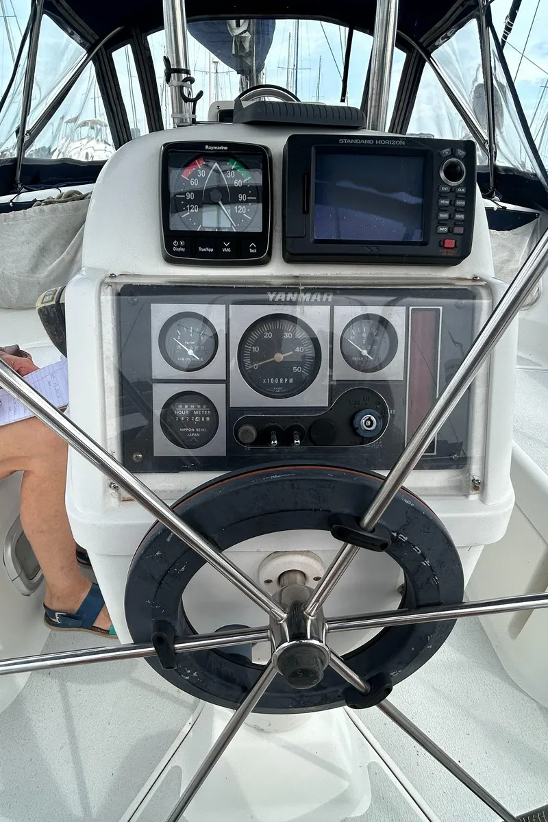 Slide: The Image of Steering wheel and instrument panel of 1994 Hunter Legend 40.5 sailboat. - 20