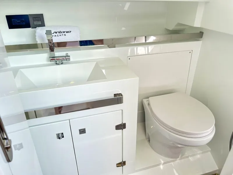 Slide: The Image of Modern bathroom in 2024 De Antonio Yachts D36 OPEN, featuring sleek sink and toilet. - 14