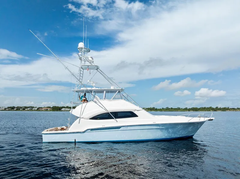 The Image of 2004 Bertram 570 yacht on calm water under a clear blue sky. - 0