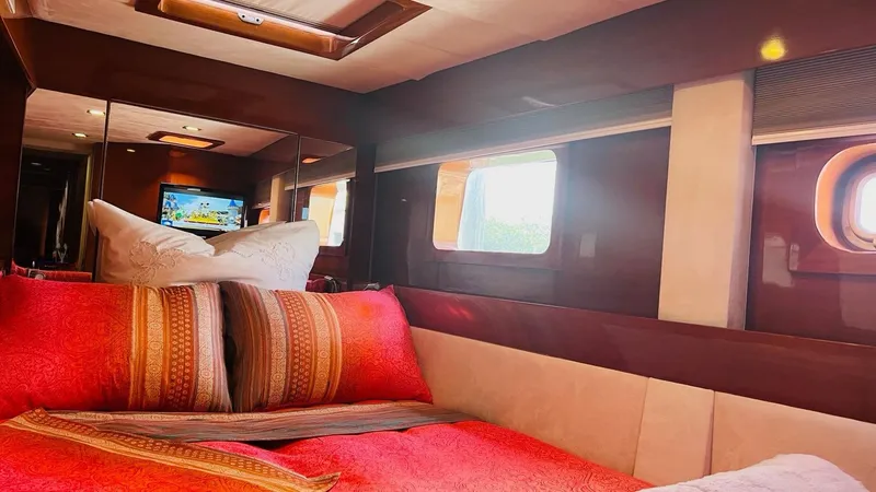 Slide: The Image of Luxurious Sunreef 62 yacht interior, 2011 model, featuring elegant bedding and a cozy atmosphere. - 31
