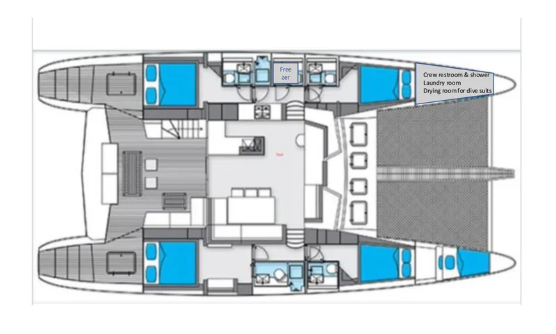 Slide: The Image of Floor plan of a 2011 Sunreef 62 yacht, featuring bedrooms, bathrooms, and common areas. - 61