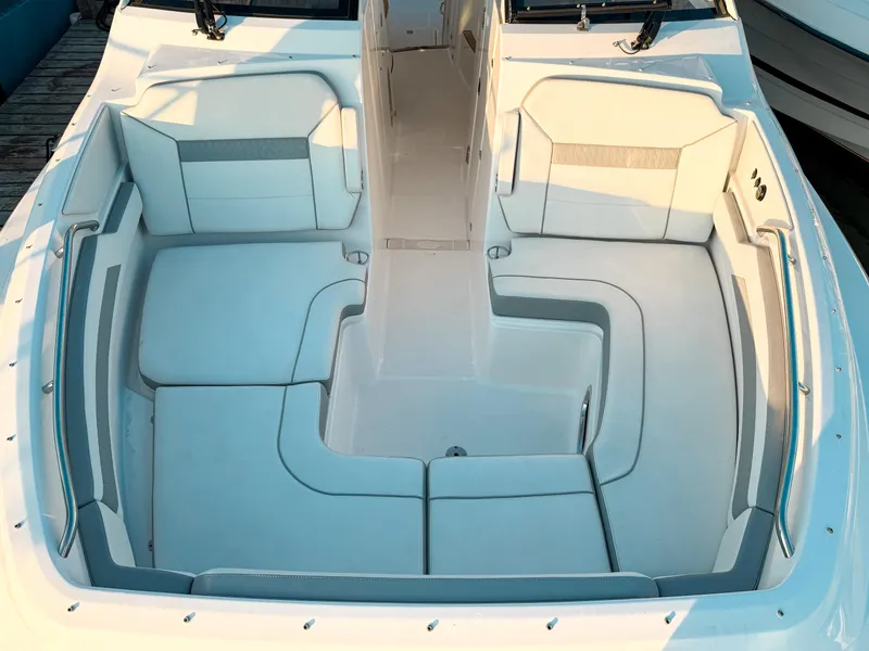 Slide: The Image of 2022 Pursuit DC 365 Dual Console boat interior with spacious seating and modern design. - 42