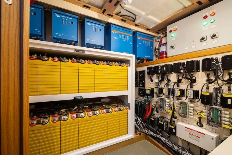 Slide: The Image of Electrical system of Selene 64 yacht, 2027 model, featuring batteries and control panels. - 9