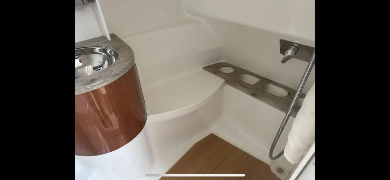 Slide: The Image of Interior of 2018 Formula 370 Super Sport boat, featuring a sleek sink and shower area. - 20