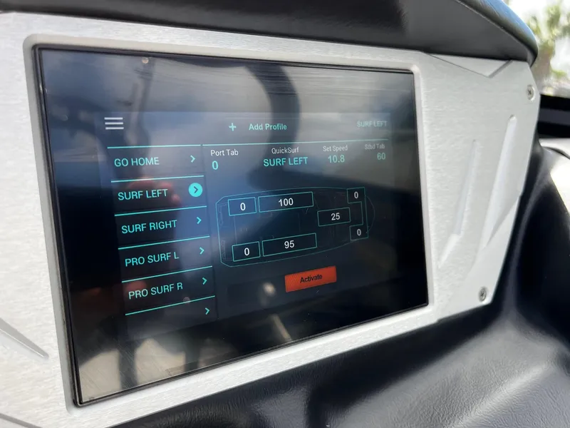 Slide: The Image of Touchscreen control panel of 2024 Supreme S220 boat, displaying surf settings and options. - 22