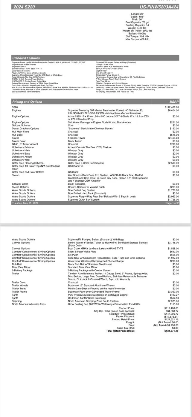 Slide: The Image of 2024 Supreme S220 features and pricing details sheet. - 23