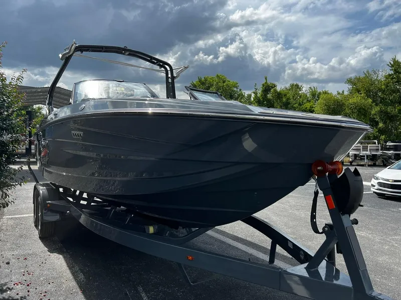 Slide: The Image of 2024 Supreme S220 boat on trailer under cloudy sky. - 3