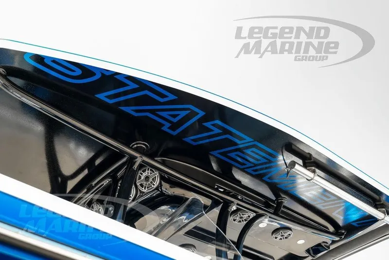 Slide: The Image of 2023 Statement 350 Open boat interior with Legend Marine Group branding. - 23