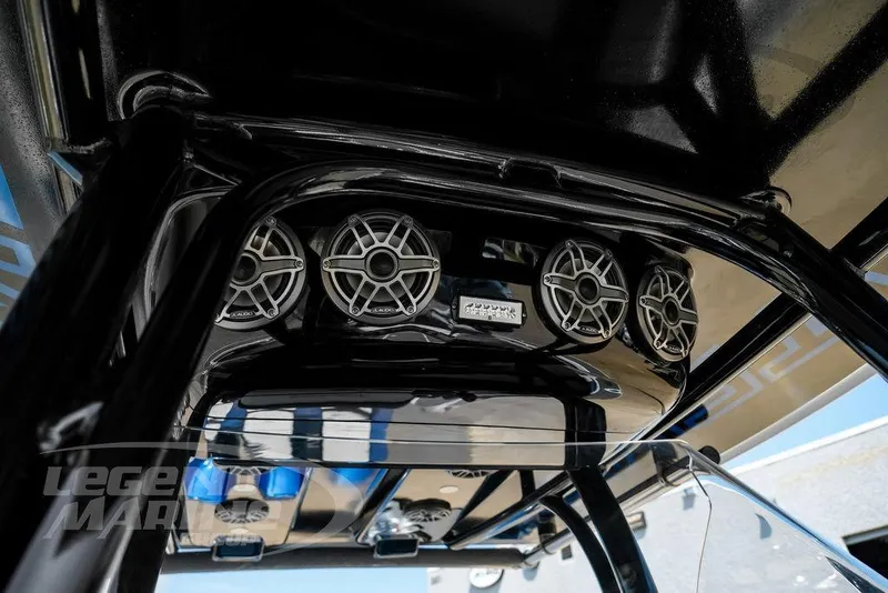 Slide: The Image of 2023 Statement 350 Open boat speakers and audio system detail. - 32