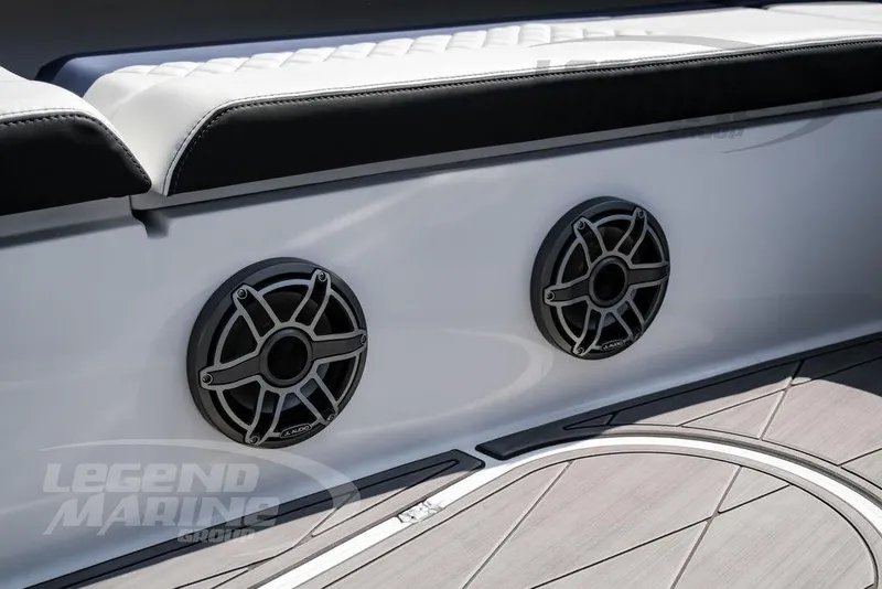 Slide: The Image of 2023 Statement 350 Open boat speakers and seating detail, Legend Marine branding visible. - 38