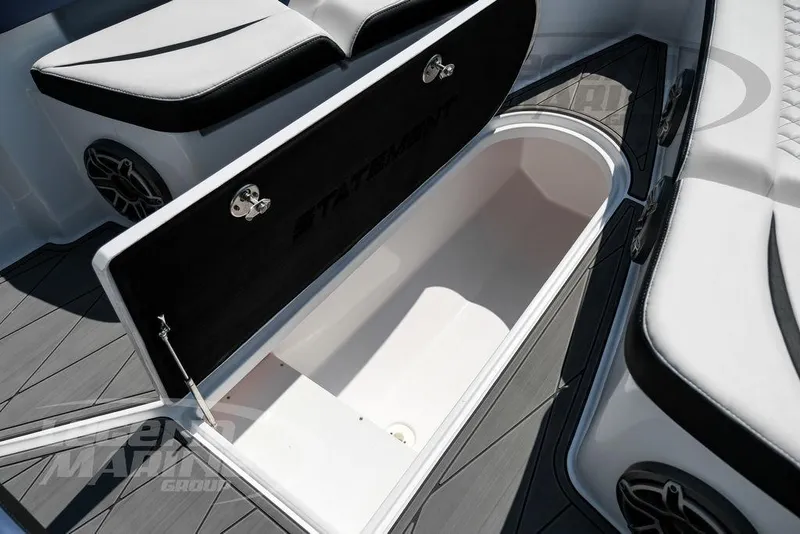 Slide: The Image of 2023 Statement 350 Open boat storage compartment with sleek seating and modern design. - 44
