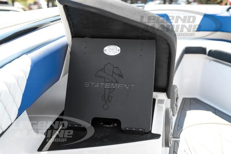 Slide: The Image of 2023 Statement 350 Open boat interior with custom seating and logo detail. - 48