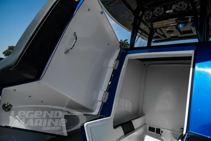 Slide: The Image of 2023 Statement 350 Open boat interior with storage compartment and sleek design. - 50