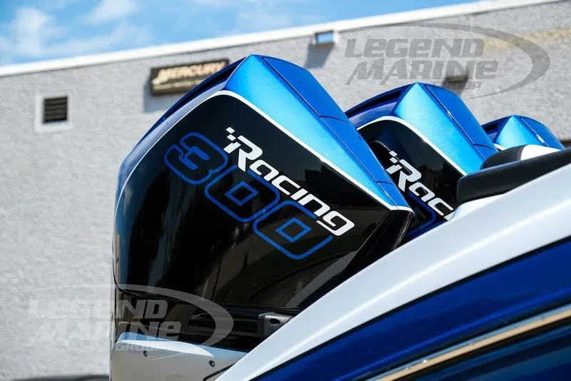 Slide: The Image of Blue racing boat engines on a 2023 Statement 350 Open model. - 57