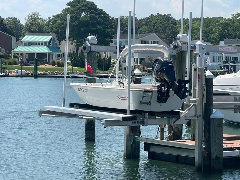 Slide: The Image of 2015 Boston Whaler 110 Sport boat on lift at marina, with scenic waterfront background. - 32