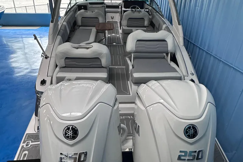 Slide: The Image of 2026 Regal LX9 boat interior with dual Yamaha 250 engines, spacious seating, and modern design. - 3