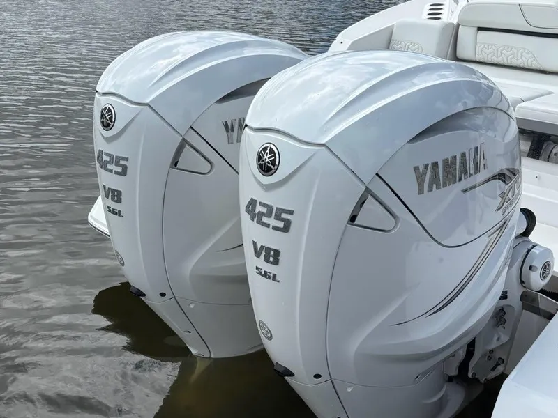 Slide: The Image of Twin Yamaha 425 V8 outboard engines on a 2022 Regal LX36 boat. - 22