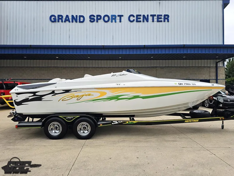 Slide: The Image of 2005 Baja 23 Outlaw boat on trailer at Grand Sport Center. - 4