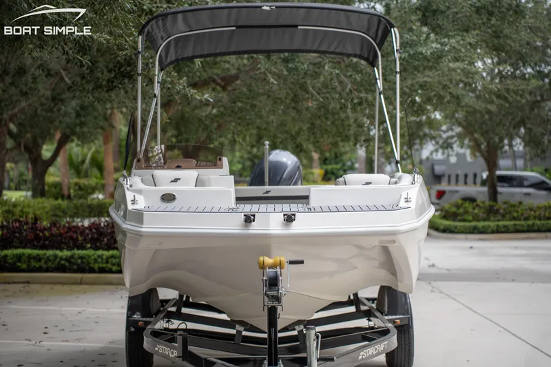 Slide: The Image of 2024 Starcraft SVX 191 OB boat on trailer, parked outdoors with trees in background. - 8