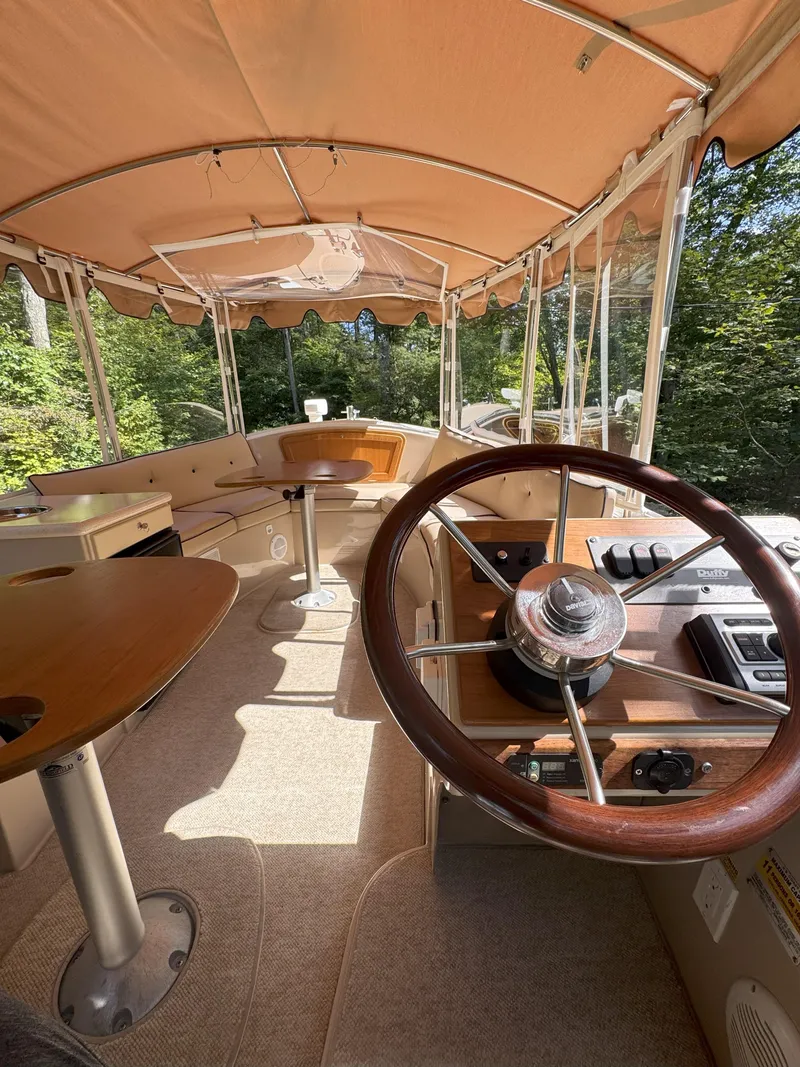 Slide: The Image of Interior of 2008 Duffy Snug Harbor 18 boat with wooden steering wheel and canopy. - 3