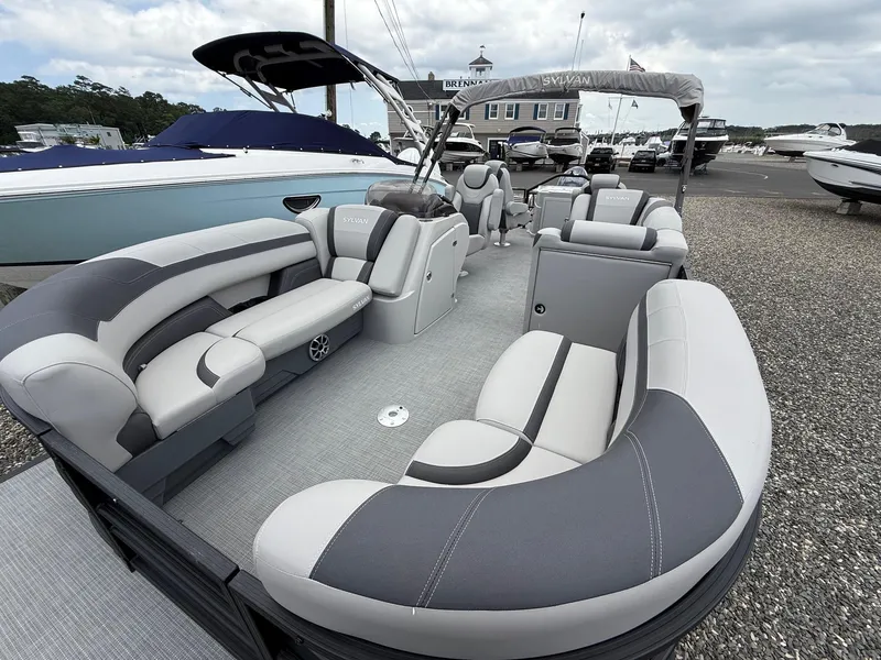 Slide: The Image of 2025 Sylvan L3 Party Fish pontoon boat with spacious seating and modern design. - 8