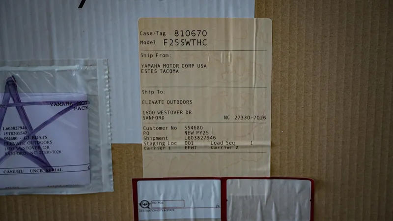 Slide: The Image of Cardboard shipping label from Yamaha Motor Corp to Elevate Outdoors, Sanford, NC. - 10