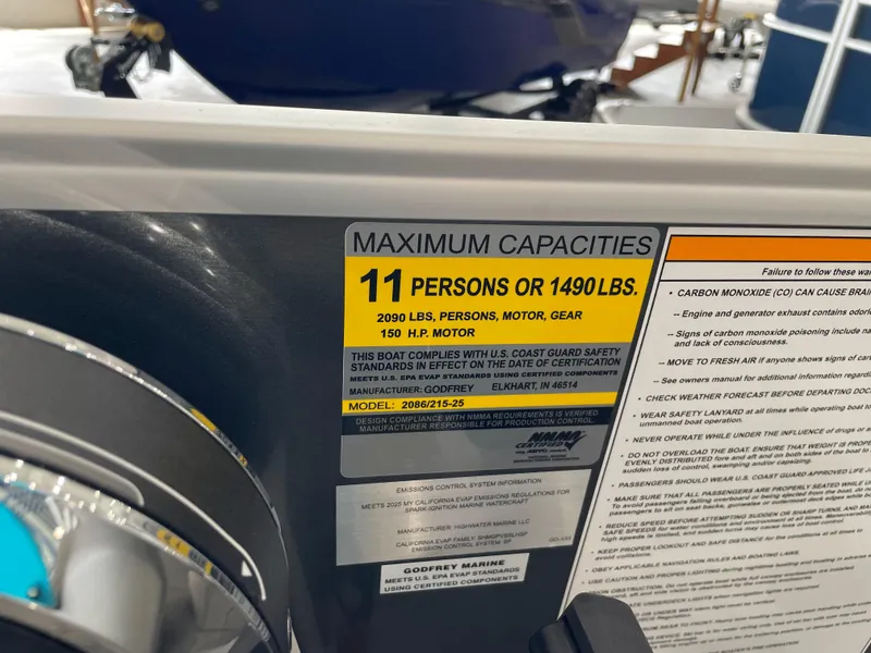 Slide: The Image of Capacity label on 2026 Godfrey Xperience 2086 FX boat, max 11 persons or 1490 lbs. - 20
