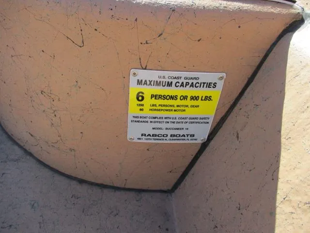 Slide: The Image of Rabco 16 Buccaneer 2023 boat capacity label, maximum 6 persons or 900 lbs. - 12