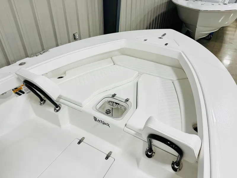 Slide: The Image of 2026 BlackJack Blackjack 256 Coastal boat interior with white seating and storage compartments. - 10