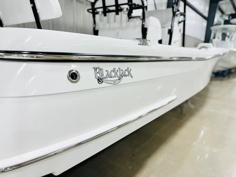 Slide: The Image of 2026 BlackJack 256 Coastal boat, sleek white design, indoor showroom display. - 19