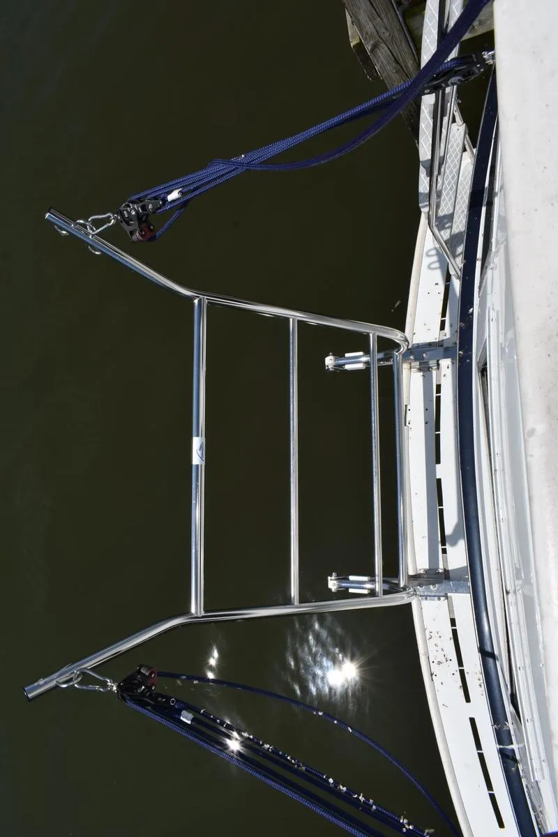 Slide: The Image of 1985 Marinette 39 Double Cabin boat deck with railing, viewed from above. - 16
